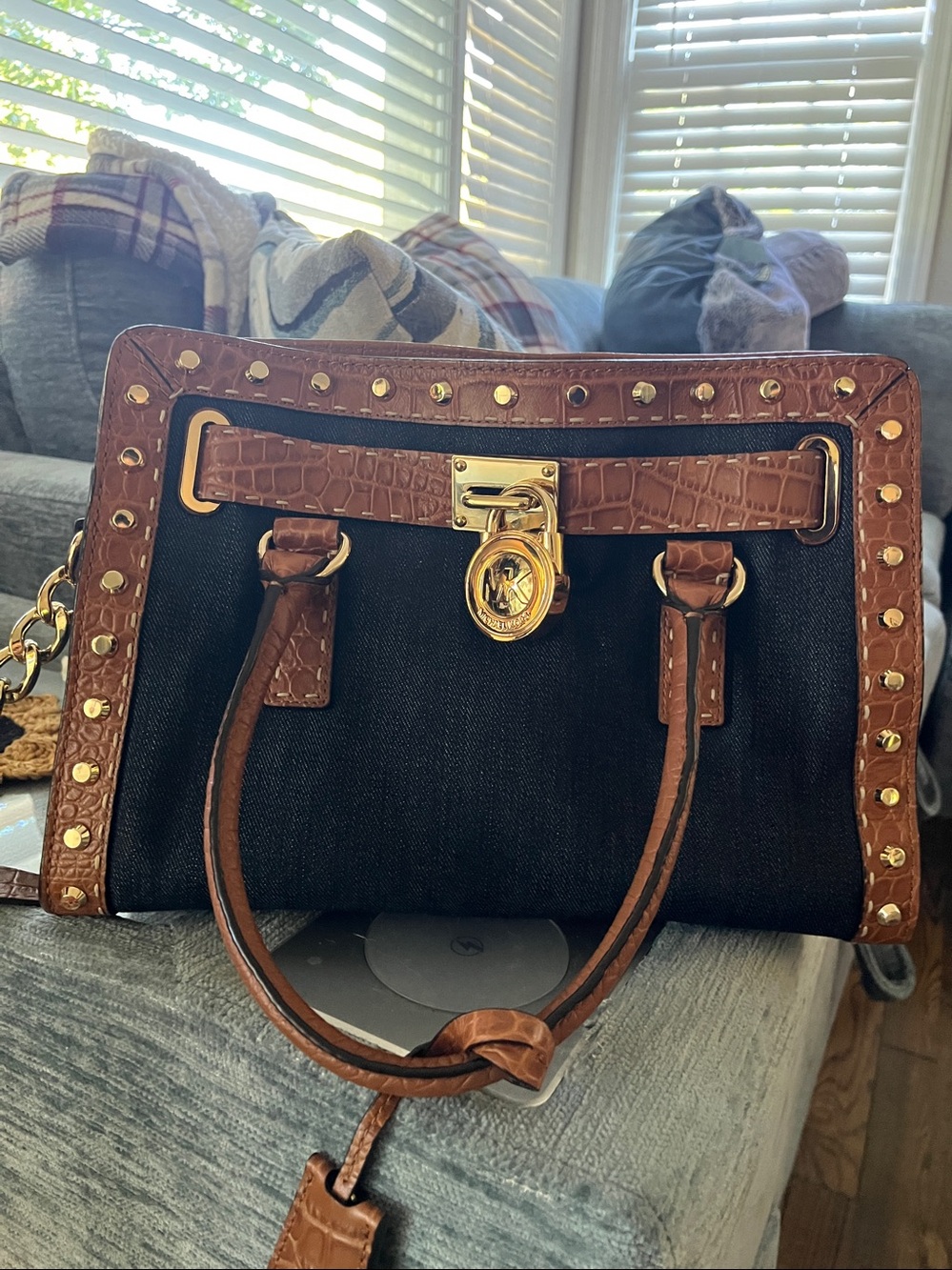Michael Kors Black Denim Satchel with Brown Croc-Embossed Trim & Gold Hardware